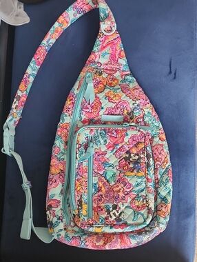 Vera Bradley Disney Floral Aqua Pink Quilted Crossbody Sling